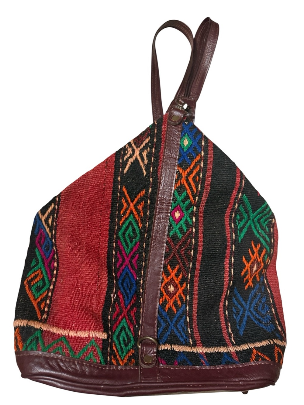 Vintage Kilim Backpack, Large Wool and Leather Bag, Unisex Knapsack